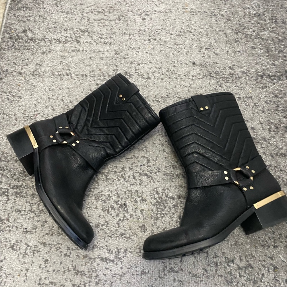 Vince Camuto Black Leather Chevron Ankle Boots with Gold Hardware